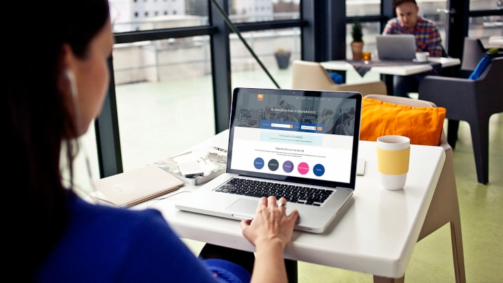 A woman is using a laptop in a shared working area and visiting the New Directions Group website