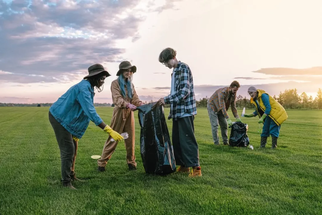 A group of people collect rubbish on a green frield using black bin bags and litter pickers.