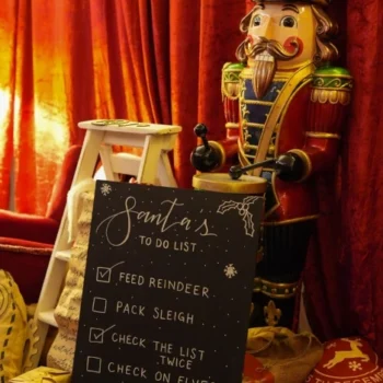 A large nutcracker with a Santa's to do list